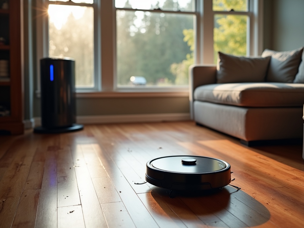 Robotic vacuum cleaner collecting pet hair and debris on the hardwood floor in a contemporary living room with neutral-toned furniture and a HEPA air purifier.