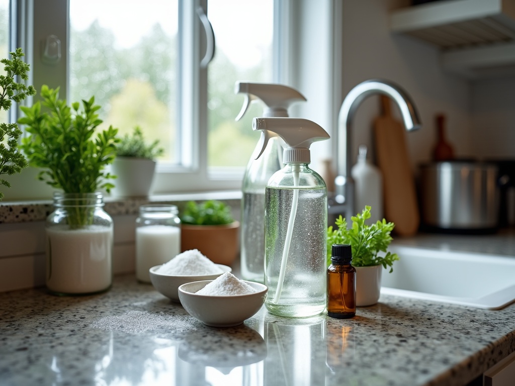 Eco-friendly cleaning supplies on a modern Pacific Northwest kitchen counter, featuring glass spray bottles, baking soda in ceramic bowls, essential oils, and fresh herbs in mason jars.