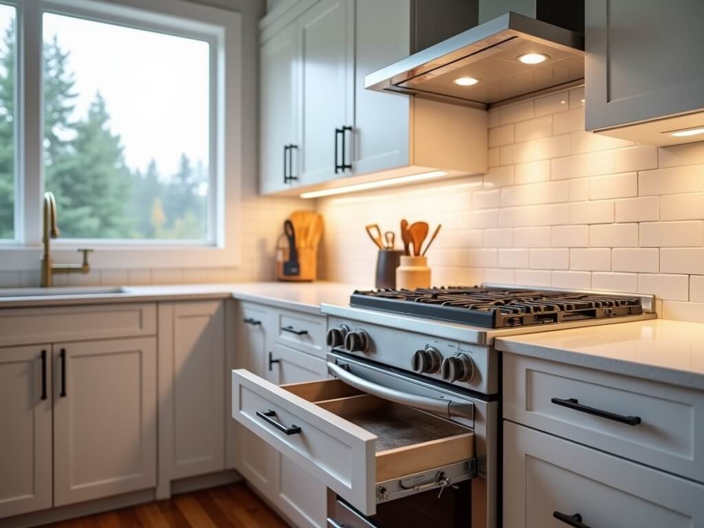 Spotless modern kitchen in Edgewood, WA featuring gleaming stove area, sparkling base cabinets, clean backsplash tiles, polished hardware, and an open, crumb-free drawer, all reflecting diffused window light.