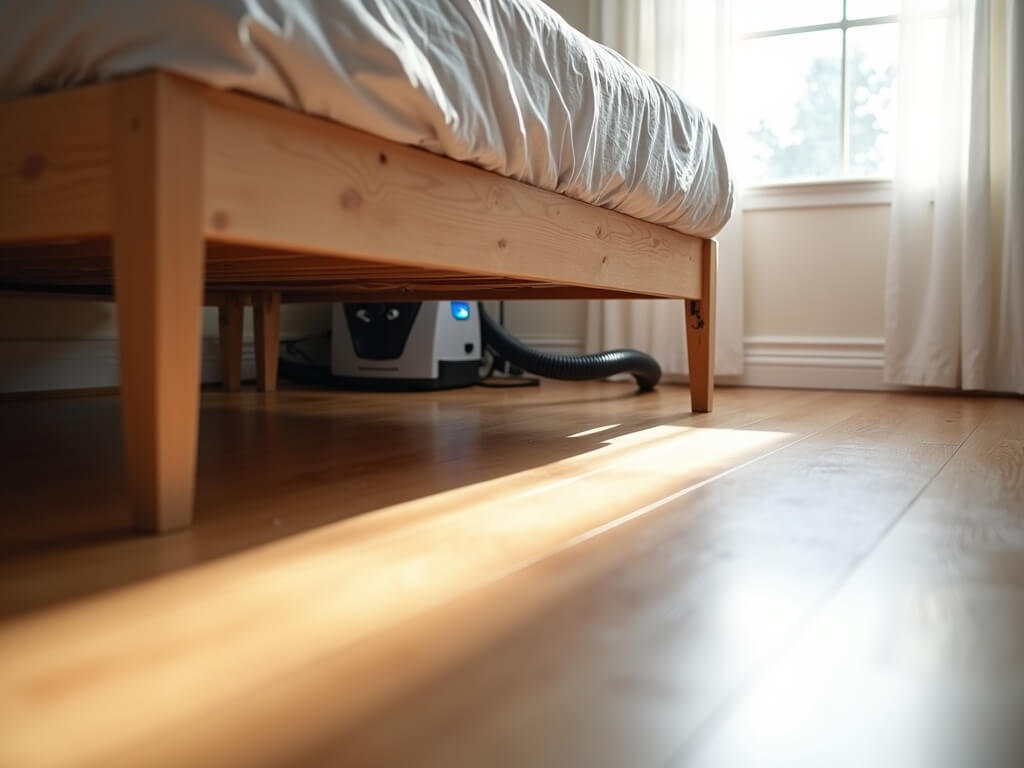 Immaculately clean Edgewood bedroom interior highlighting under-bed area and baseboards, featuring a raised bed frame, dust-free wooden floorboards, pristine white baseboards, and a vacuum cleaner with HEPA filter. Shot taken in natural morning light augmented by a softbox fill light.