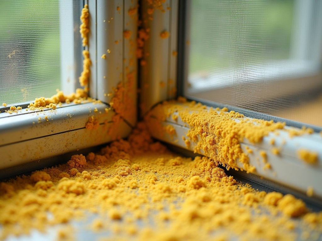Close-up view of thick pollen accumulation on white vinyl window frames and screens, taken in soft morning light with a blurred green backdrop.