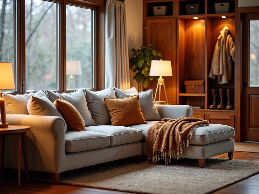 Cozy winter living room with plush sofa, woolen blankets, soft lighting, and organized mudroom with boot storage in the background, shot using Nikon D850 at low angle.