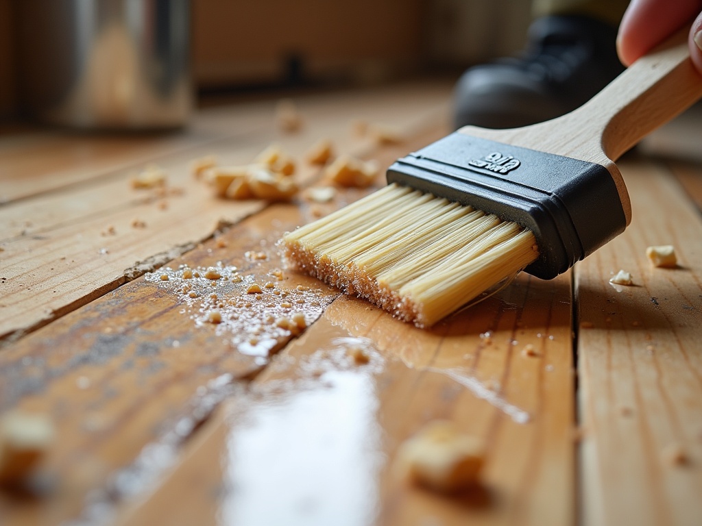 Close-up shot of protective sealant being applied to a damaged wooden subfloor with a foam brush, highlighting wood grain, clear sealant coating, and carpentry tools in the background.