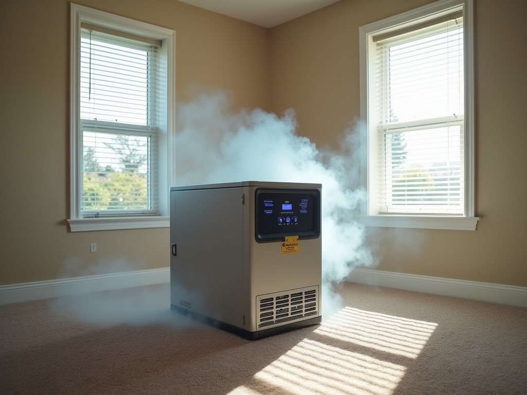 Ozone treatment machine in operation in an empty, carpeted room with slight discoloration, with plastic-covered vents and sealed doorway. Machine LED indicators and digital readouts shine in the softly lit room.