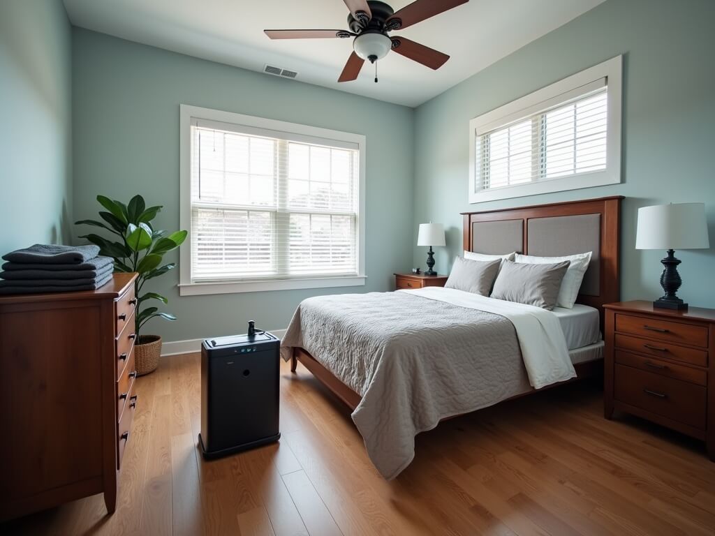 Ozone air purification session in vacant Lakeland Hills bedroom with ozone generator, HEPA air scrubber, and activated charcoal pouches following pet odor removal.