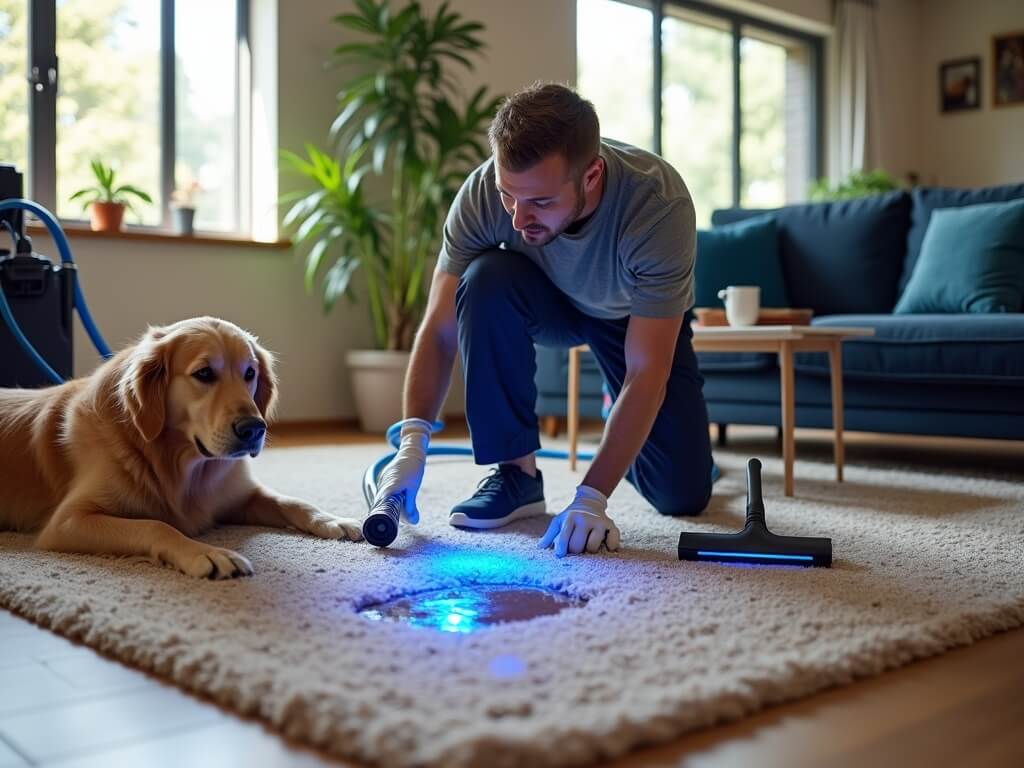 Professional cleaning technician treating a dog urine stain on a beige carpet in a mid-century modern living room, under natural light, watched by a golden retriever.
