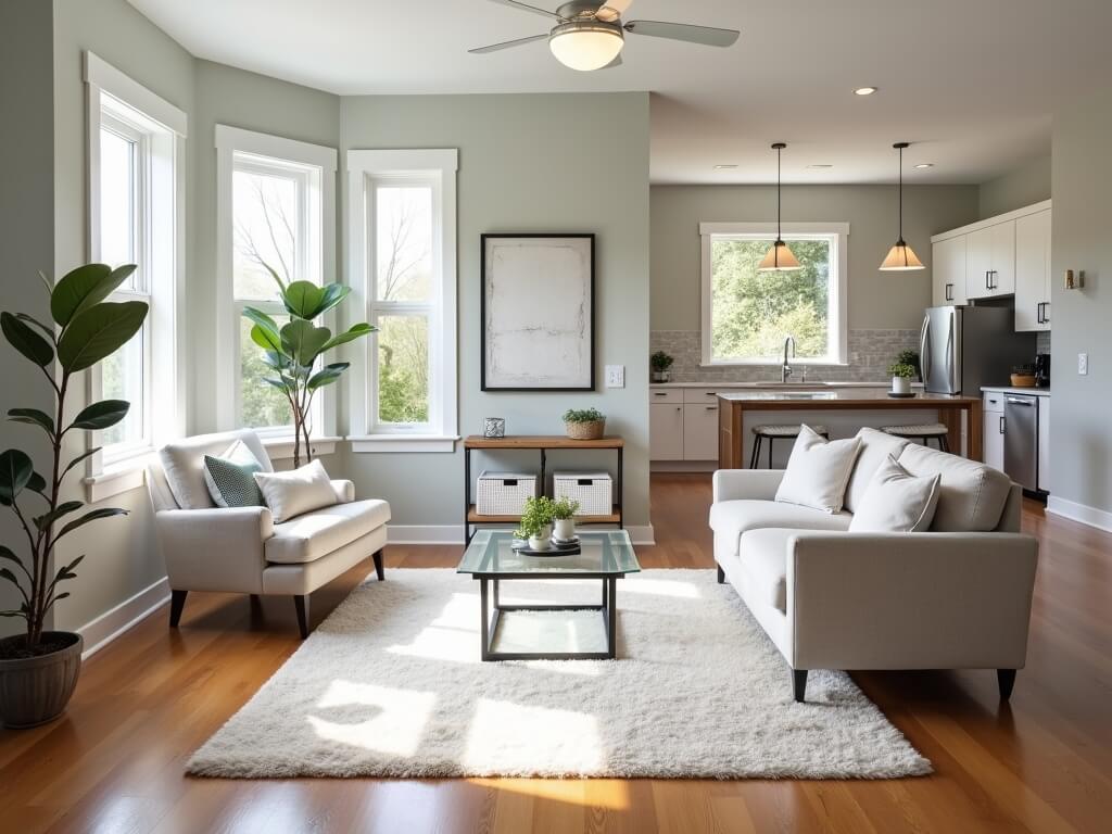 Spotless, minimalist three-bedroom ranch-style home in North Tacoma, illuminated by natural daylight showcasing clean hardwood floors and kitchen with stainless appliances.