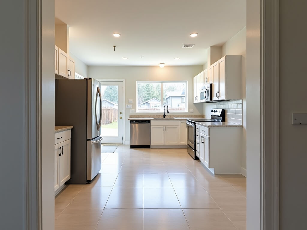 Professionally staged and pristine property in Tacoma's South End with immaculate kitchen and dining area, captured in a high-quality real estate photo shoot.