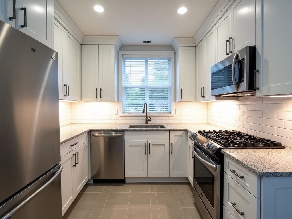 Modern rental kitchen interior during cleaning, showing appliances, countertops, tile backsplash and flooring, all with visible dirt and wear, captured with deep focus and professional real estate photography.