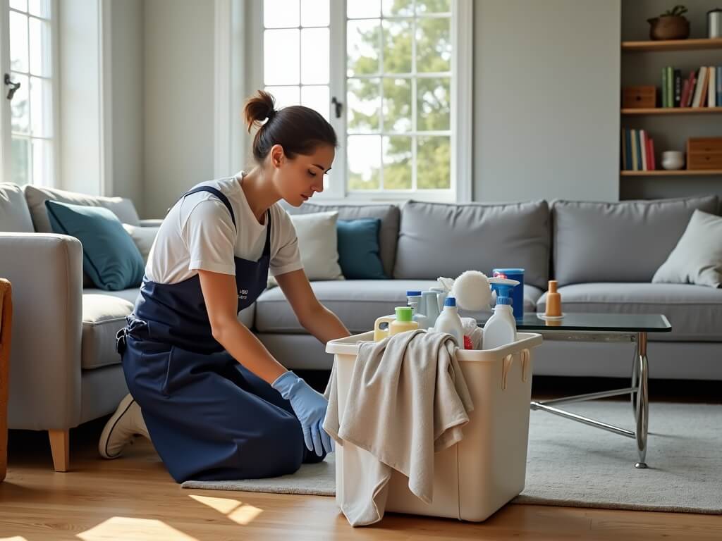 Professional cleaner in navy apron arranging linens in a sunlit Airbnb living room with gray sofa and hardwood flooring, kneeling next to a labeled cleaning caddy filled with supplies.