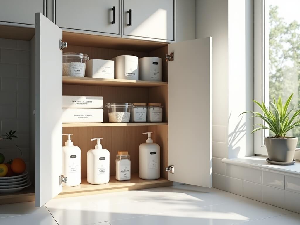 Modern Airbnb kitchen with open supply cabinet filled with organized cleaning and guest supplies, lit by natural daylight.