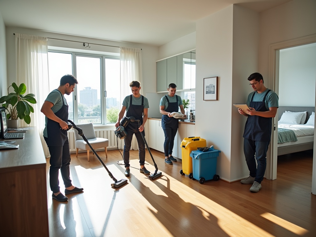 Professional cleaning team working in a spacious, modern Airbnb property, with one vacuuming, another wiping kitchen surfaces, a third handling linens, and a fourth inspecting with a tablet.