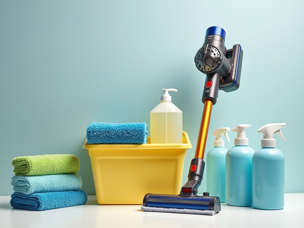 Organized cleaning supply station with color-coded microfiber cloths, cordless vacuum, allergen-friendly cleaning bottles, and small bin bags on a white surface, highlighted by soft lighting.