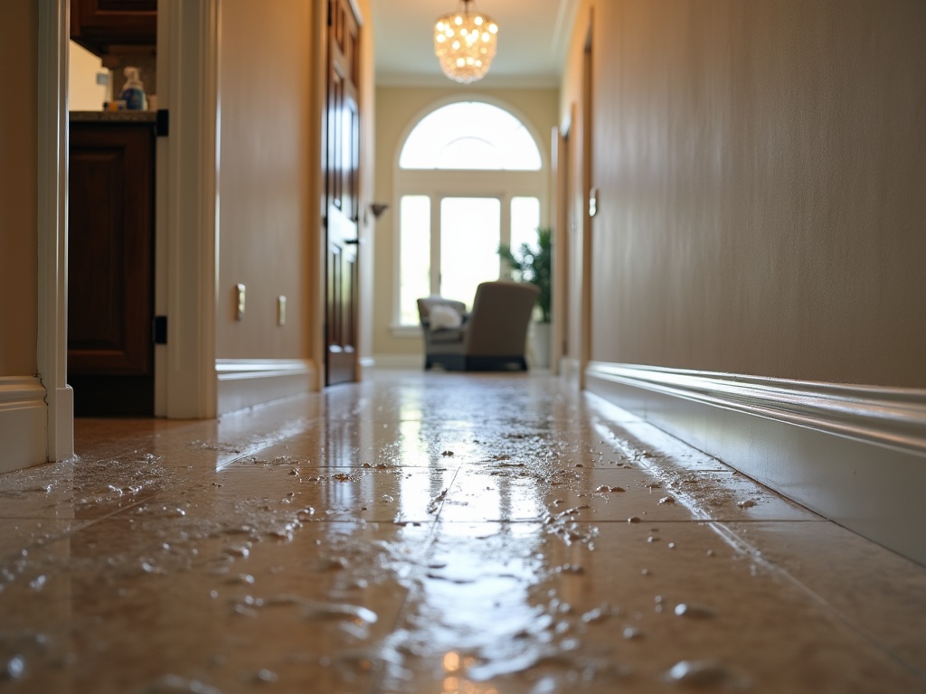 Deep cleaning process in a large family home, showing multiple bathrooms, detailed baseboards, and cleaning supplies, with wet carpet, soap suds, cloth on countertops, and vacuum tracks visible.