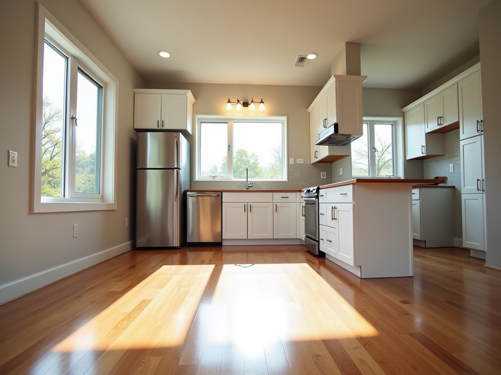 Spotless 3-bedroom rental home interior with gleaming hardwood floors, immaculate kitchen with shiny steel appliances, and sanitized bathroom, post-cleaning, captured with natural and soft LED lighting.