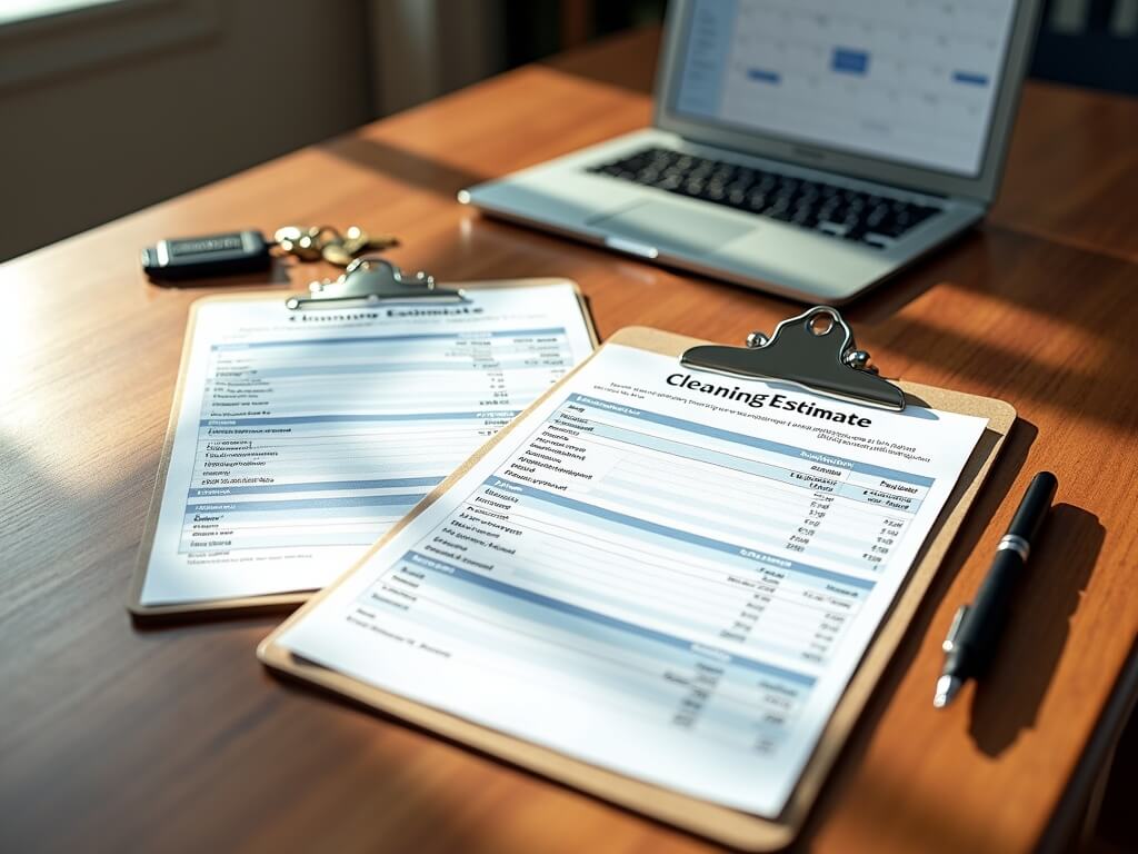 Cleaning estimate paperwork on a walnut table with a MacBook, house keys, a pen, and morning sunlight, emphasizing pre-move preparation and budgeting.