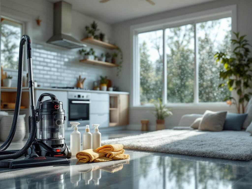 "Spotless kitchen and living room with professional cleaning equipment in a Pacific Northwest home, post-deep cleaning, captured with a Canon EOS R5."