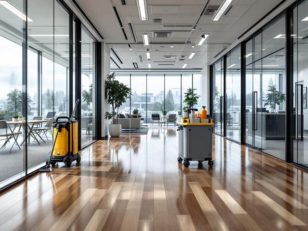 "Immaculate commercial office interior in Kent, Washington, showcasing professional cleaning results, with a neat open-plan workspace, spotless facilities, fresh carpet vacuum lines, and subtly placed janitorial equipment."