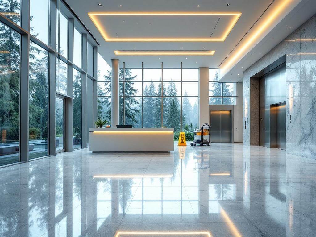 "Immaculately clean office lobby with polished marble floors, stainless steel elevators, and pristine reception desk in Auburn, Washington."