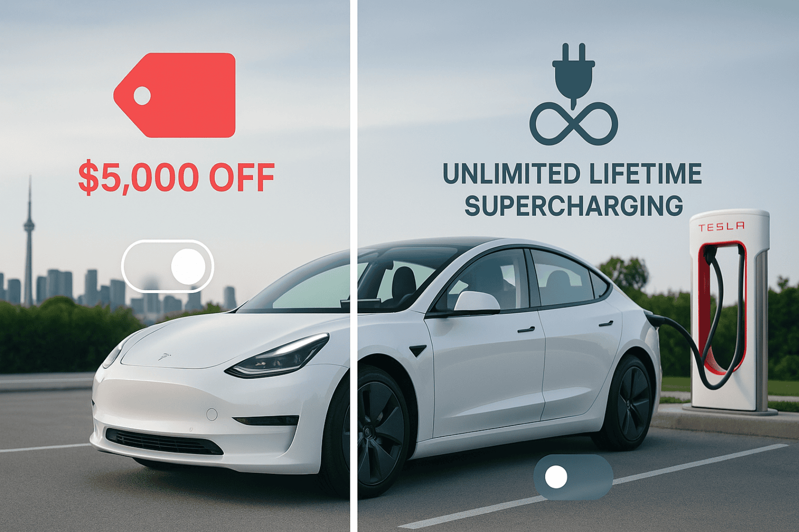 Tesla Model 3 charging station with choice of $5000 discount or unlimited lifetime supercharging
