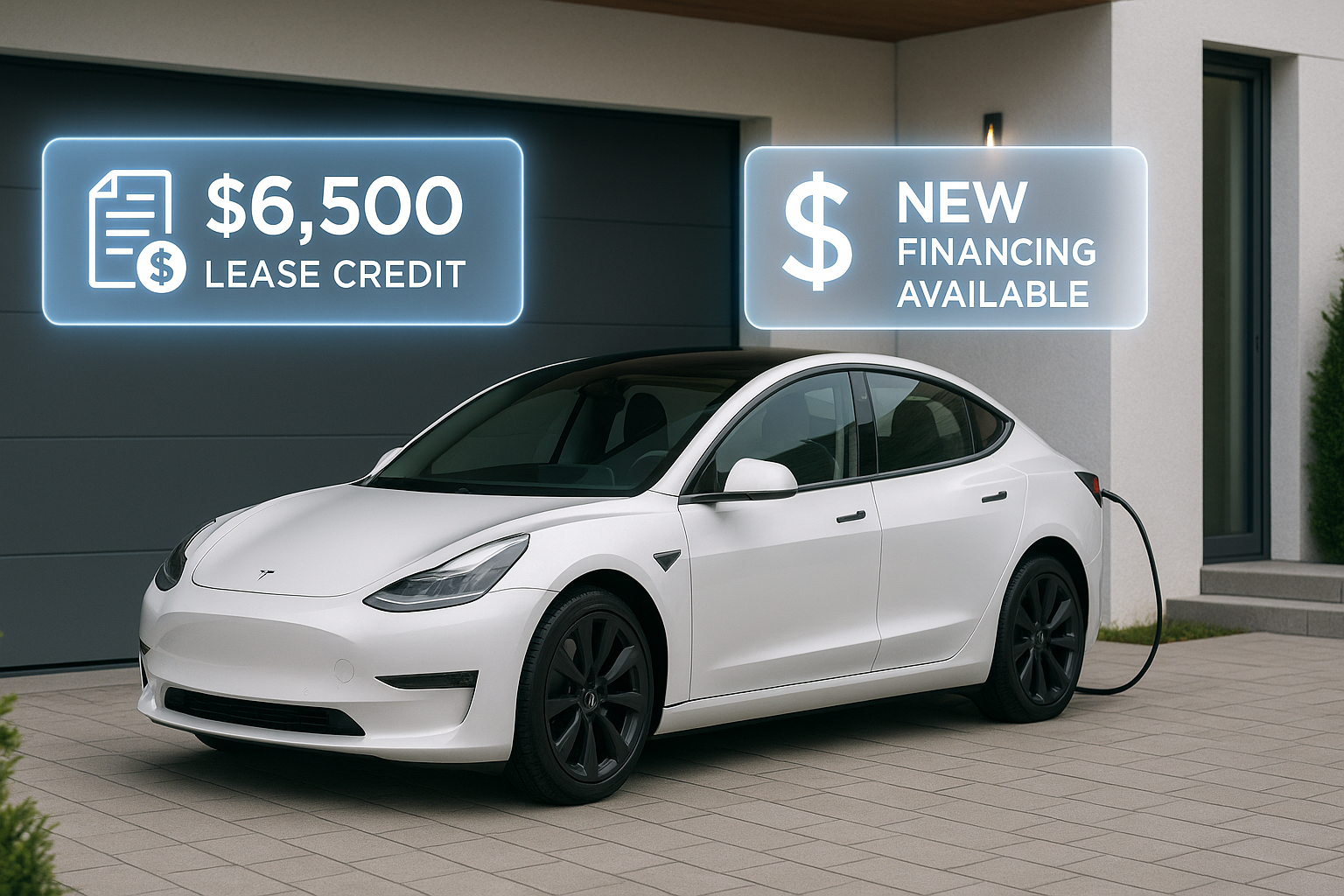 16:9 hero image of a white Tesla Model 3 parked at an upscale driveway with two glowing offer badges: "$6,500 Lease Credit" and "New Financing Available"; subtle lease/dollar icons and a clean white/gray/Tesla-red palette convey post-EV tax credit savings and opportunity.