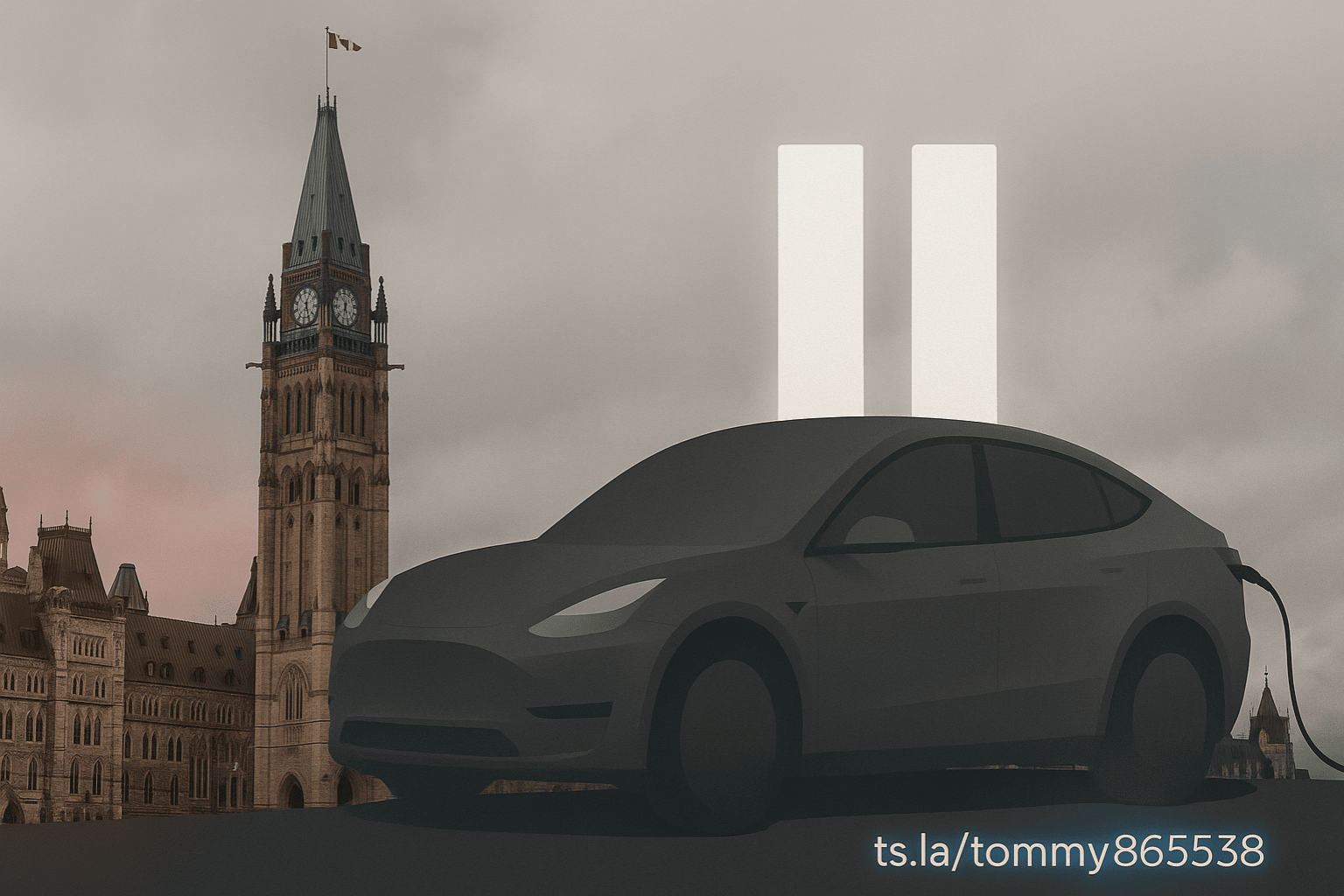Canadian parliament building with EV silhouette and pause symbol
