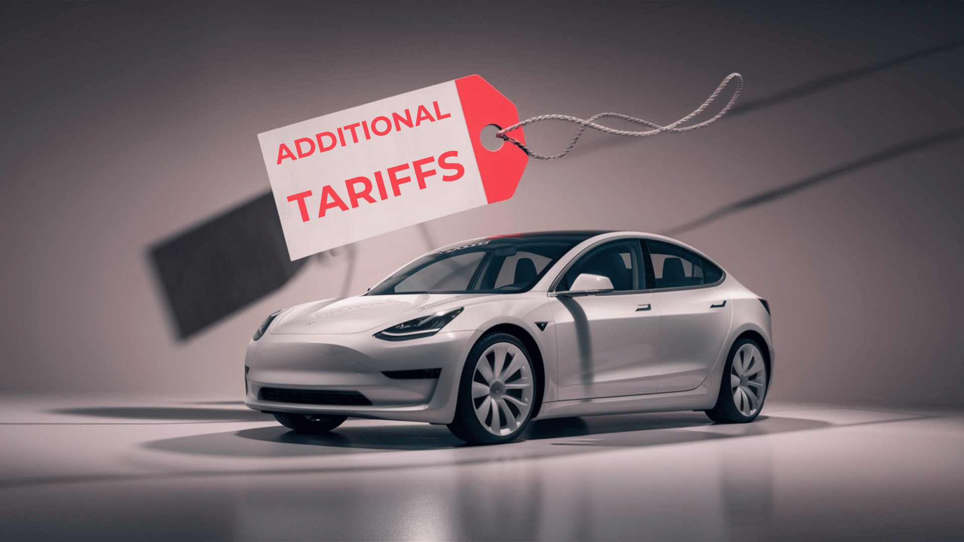 Tesla Model 3 accompanied by a floating price tag symbolizing increased tariffs.