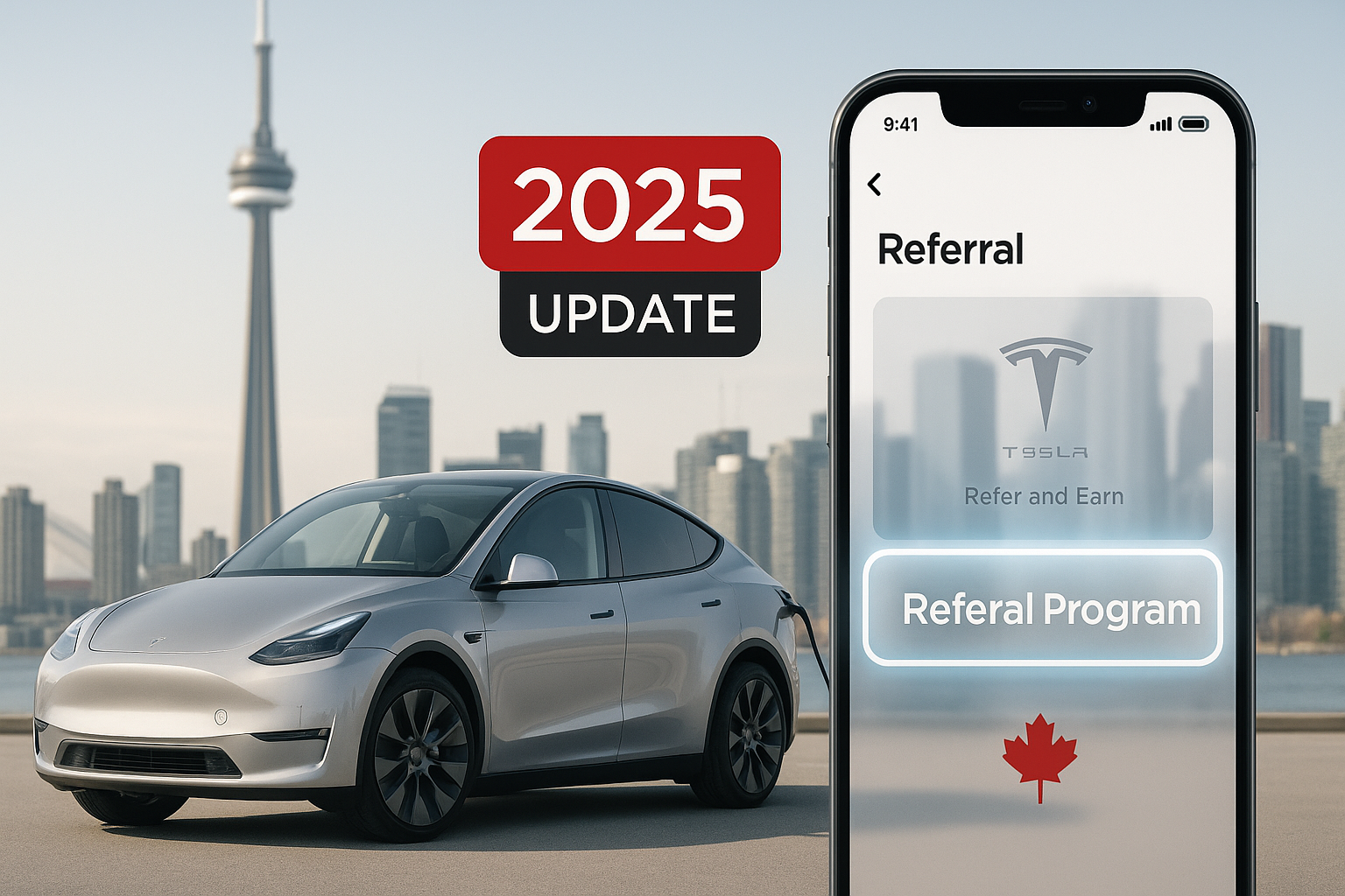 A Tesla parked against a Canadian city skyline with a small maple leaf icon, a smartphone displaying the Tesla app referral page, and a bold “2025 Update” tag.