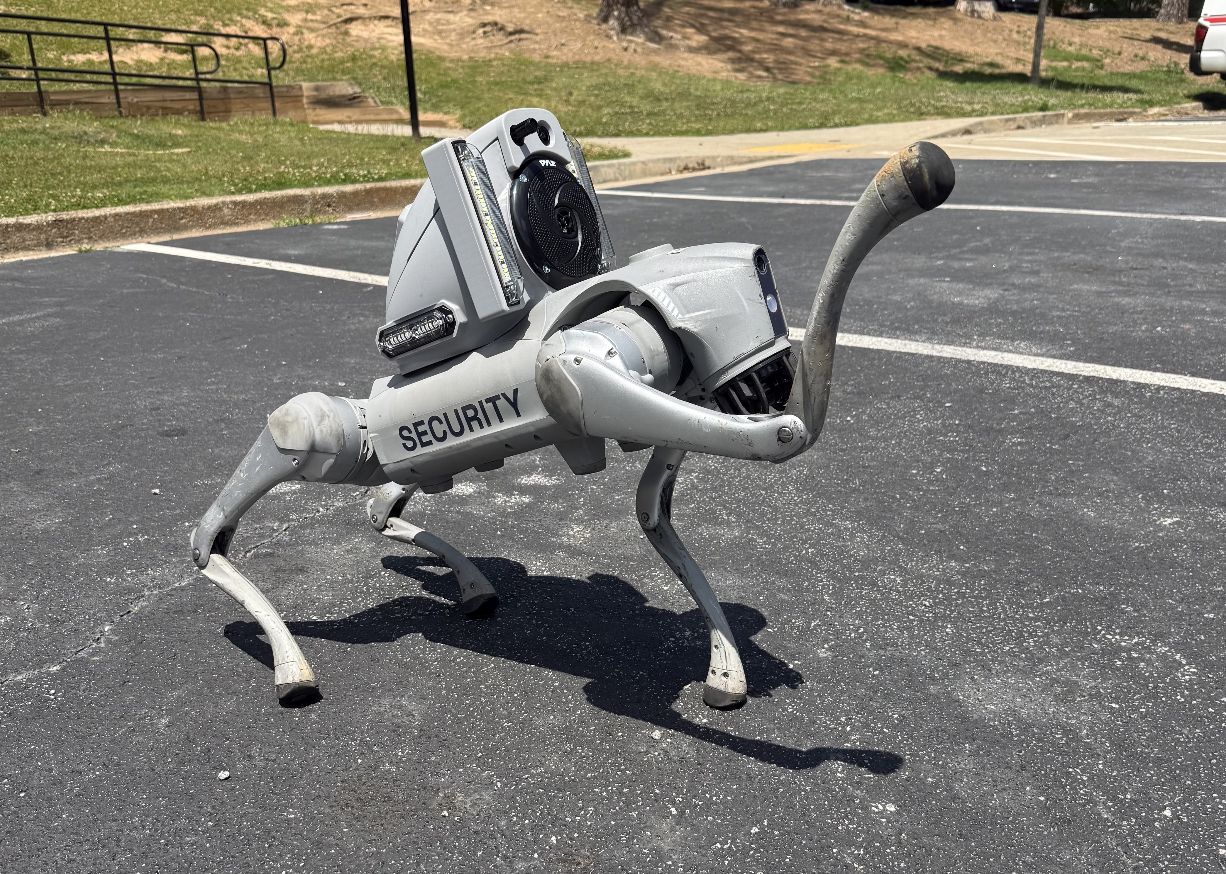 Undaunted robotic security dog on standby outside doghouse