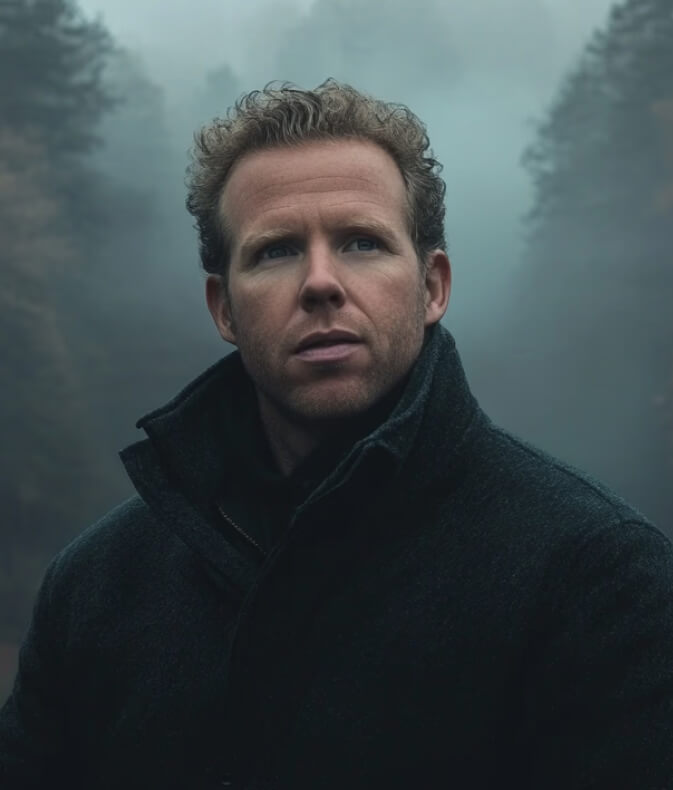 A misty lake surrounded by steep grassy cliffs with a small road and rocks in the foreground.