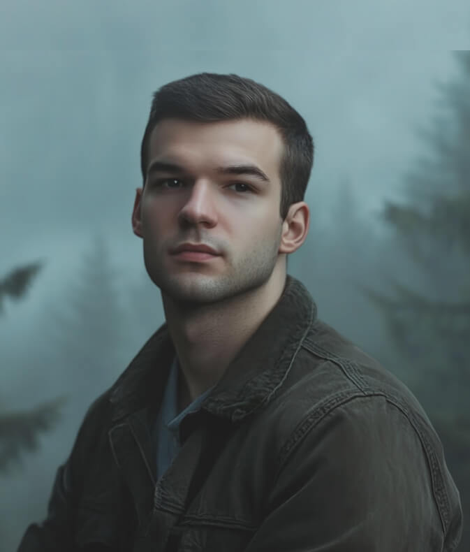 Snow-covered mountain range with dark forest and calm lake reflecting the peaks at dusk.