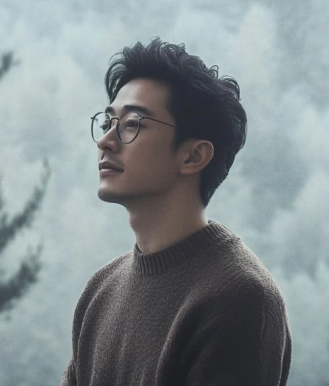 Man with glasses and dark hair wearing a brown sweater, looking contemplatively to the side against a blurred grayish background.