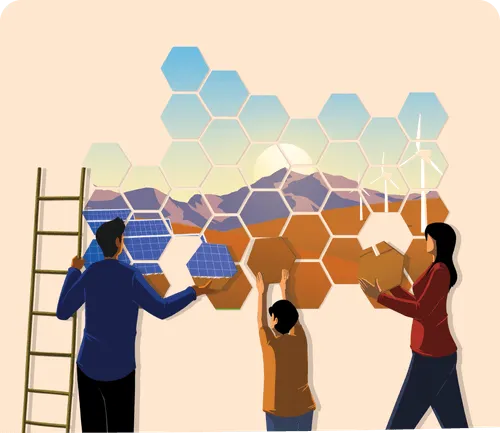Illustration montrant une collaboration ou un travail d’équipe sous un ciel ensoleillé.