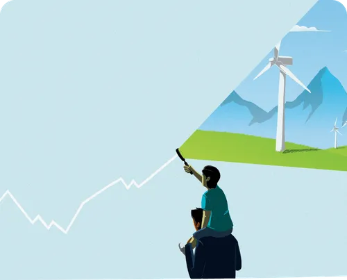 Illustration d’une personne devant un paysage verdoyant avec des montagnes qui dessine une courbe ascendante.