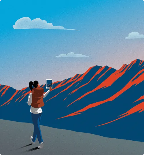 Illustration d’une montagne stylisée avec des lignes rouges et bleues.