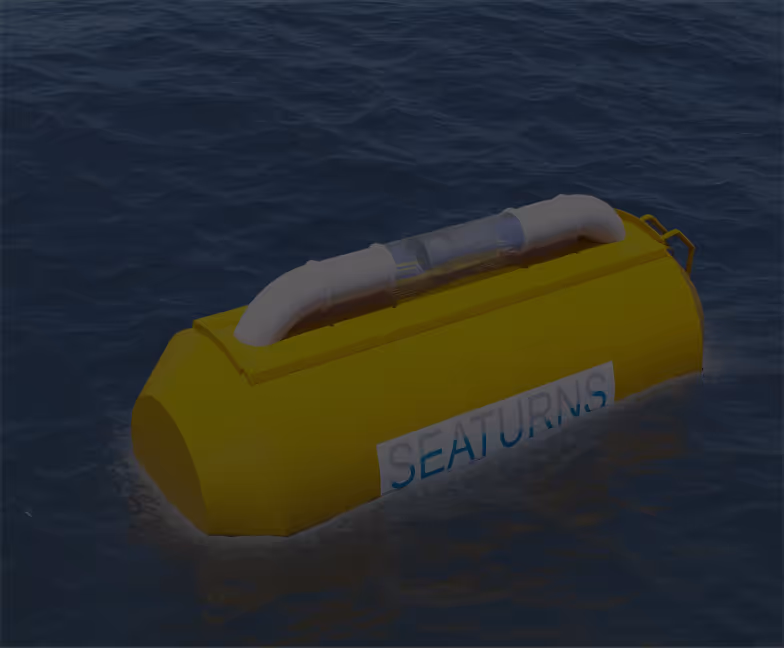 Un véhicule sous-marin jaune flottant sur l'eau avec le mot SEATURNS écrit sur le côté.