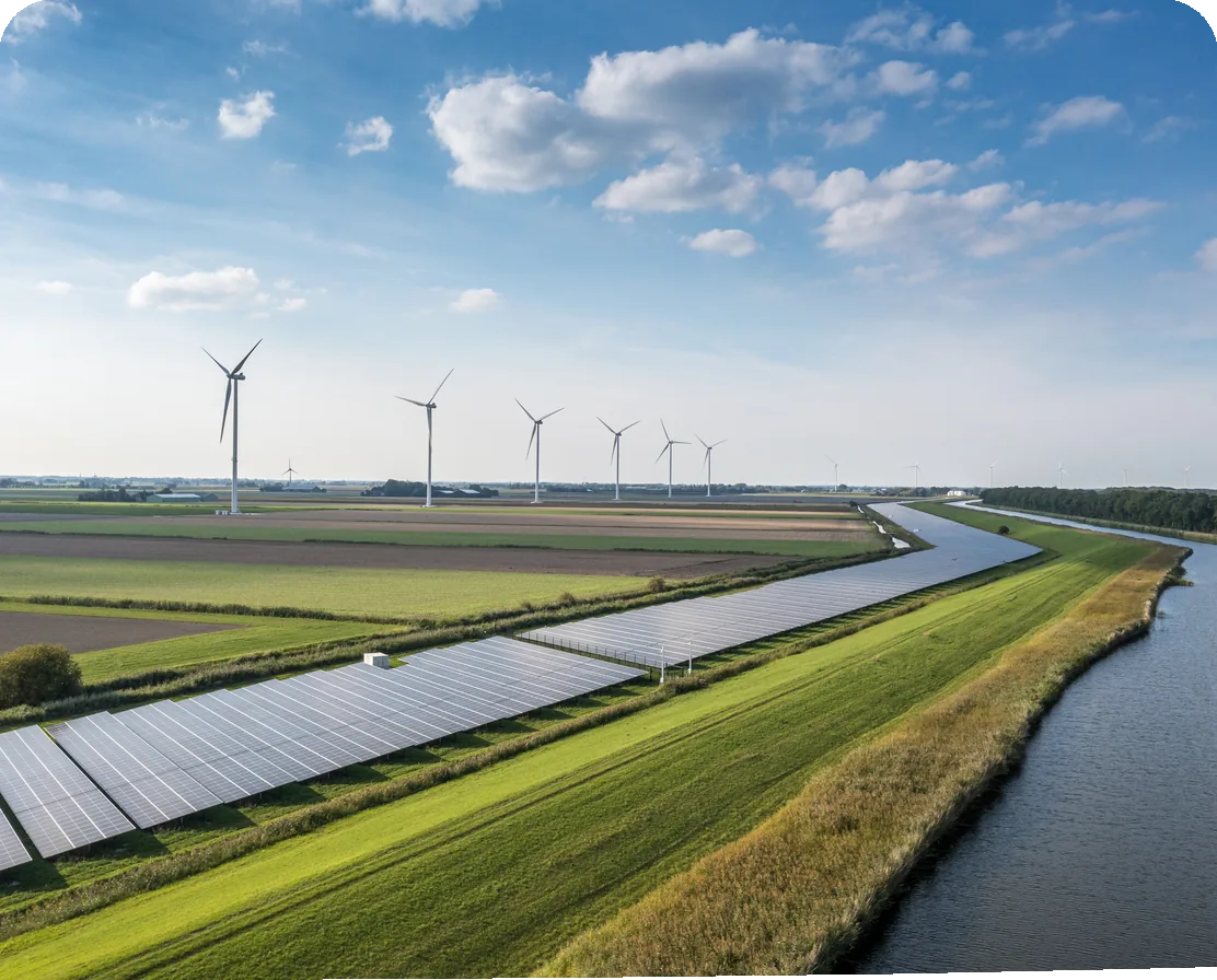 Champ de panneaux solaires et d’éoliennes le long d’un canal