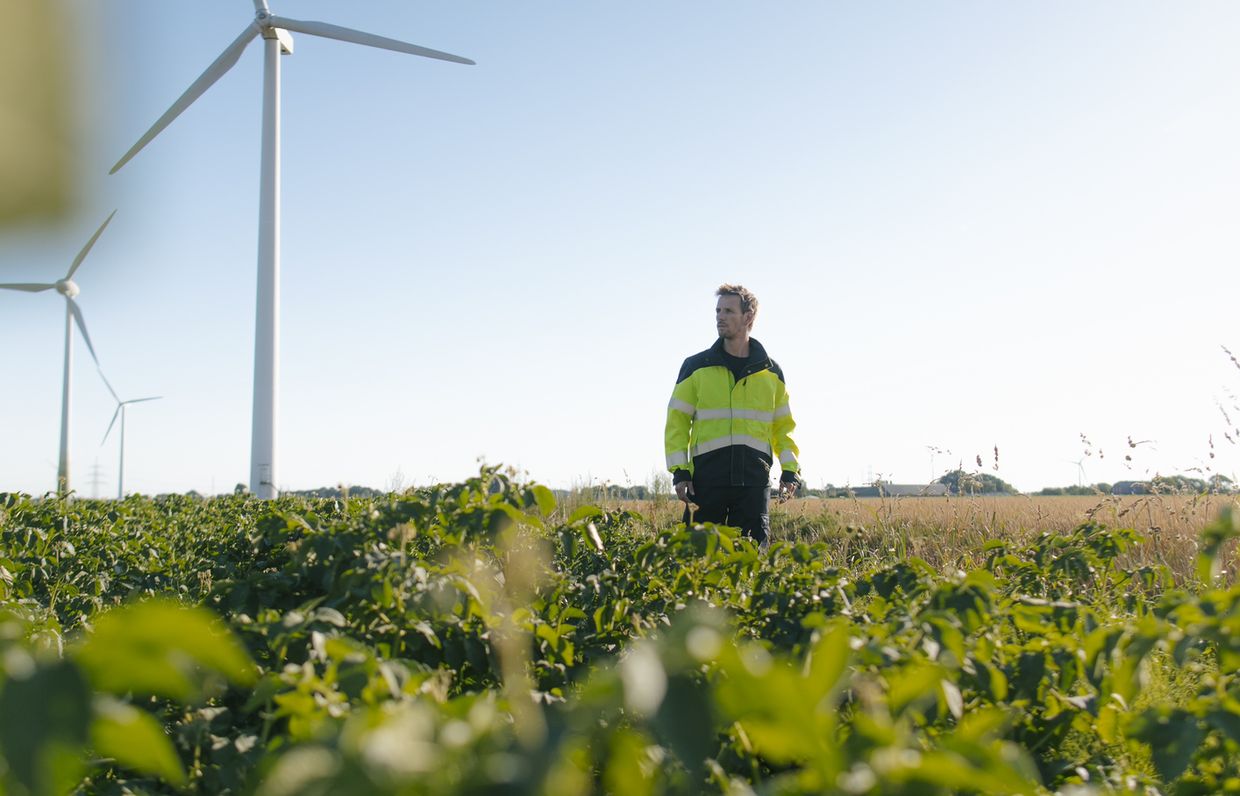 Un homme en gilet jaune dans un champ, éoliennes en arrière-plan