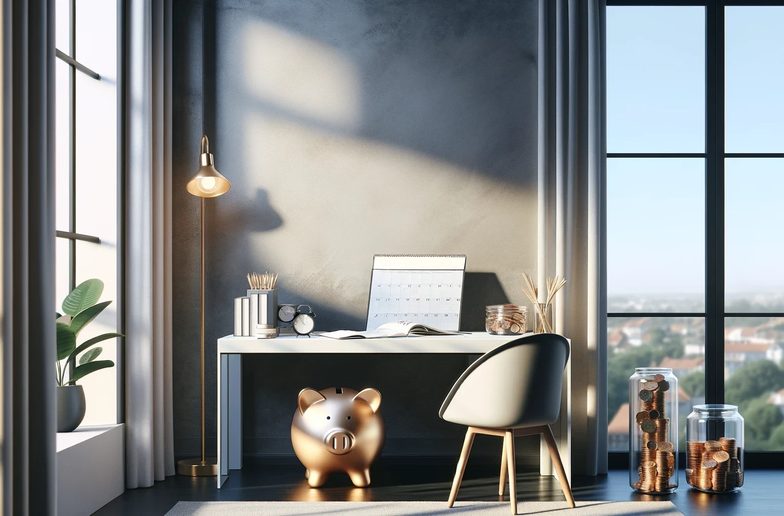 Bureau lumineux avec une tirelire dorée
