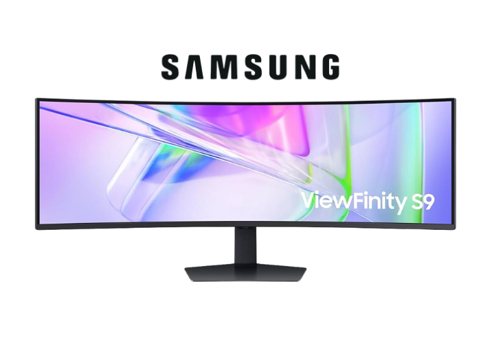 Écran incurvé ultra-large Samsung ViewFinity S9 affichant un visuel coloré sur fond noir.