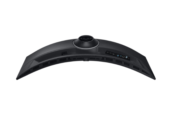 Vue arrière d’un écran incurvé Samsung ViewFinity S9 montrant son pied central et ses connectiques.