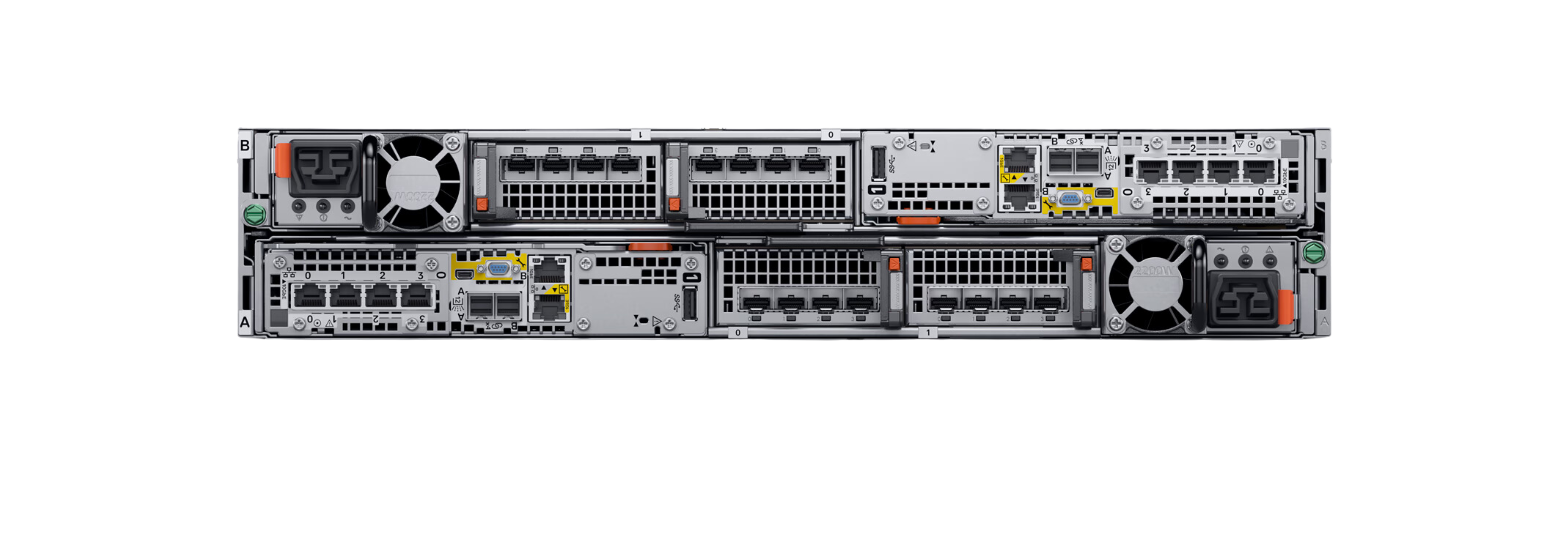 Vue arrière de la baie de stockage Dell PowerStore avec ports réseau et connectique.