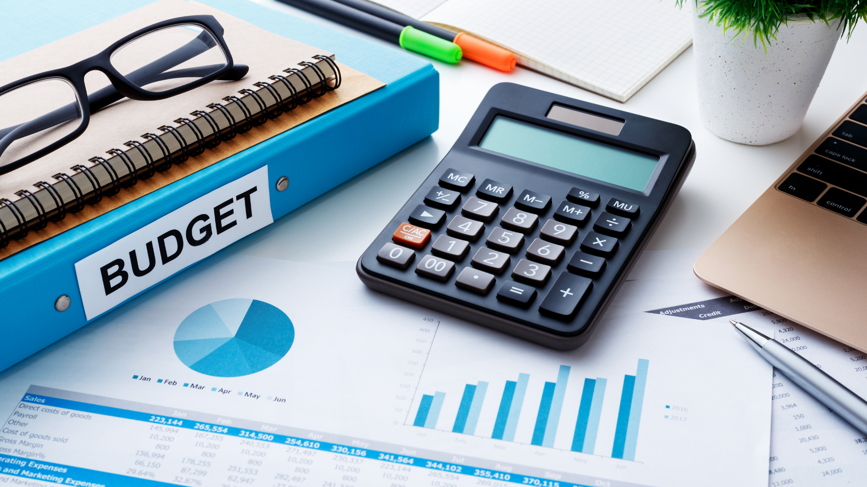 Calculatrice, classeur budgétaire et graphiques financiers sur un bureau