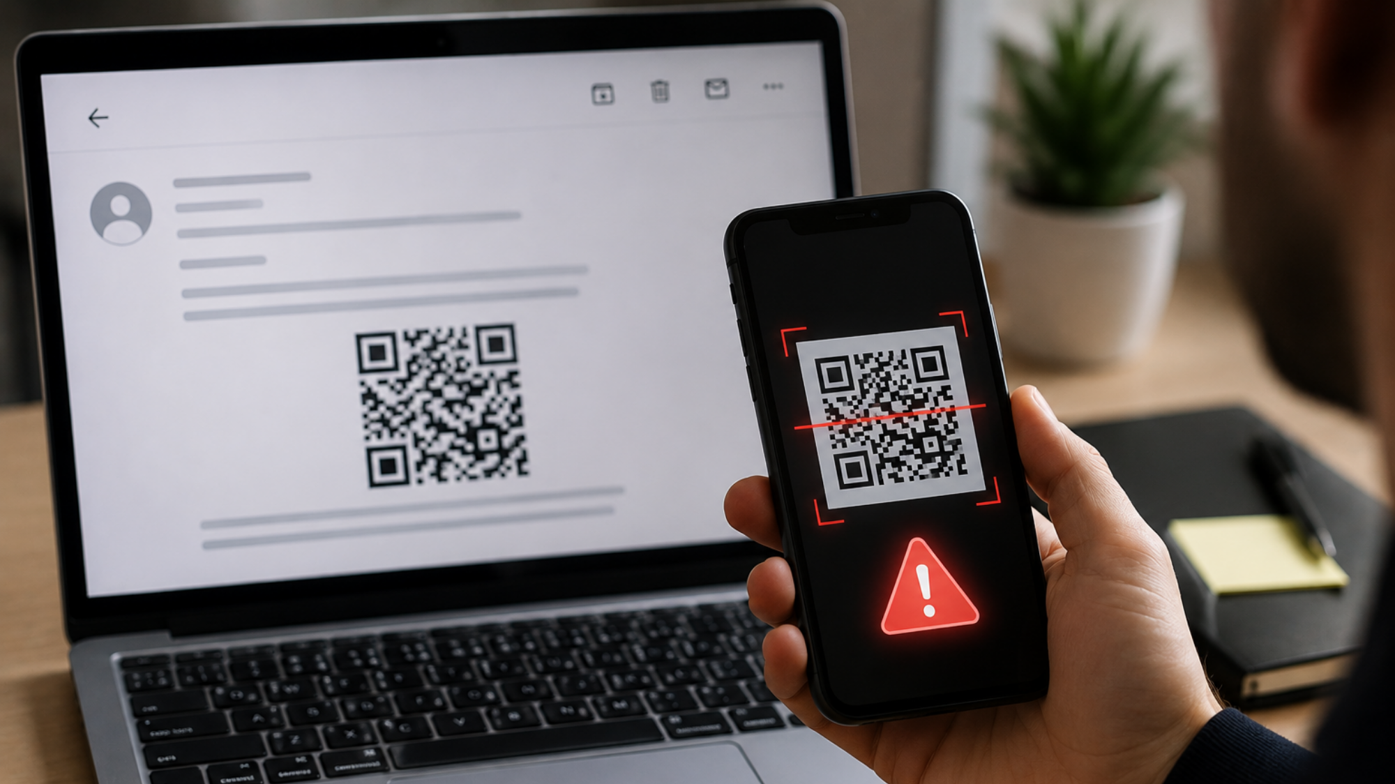 Smartphone scannant un QR code affiché sur un ordinateur portable.
