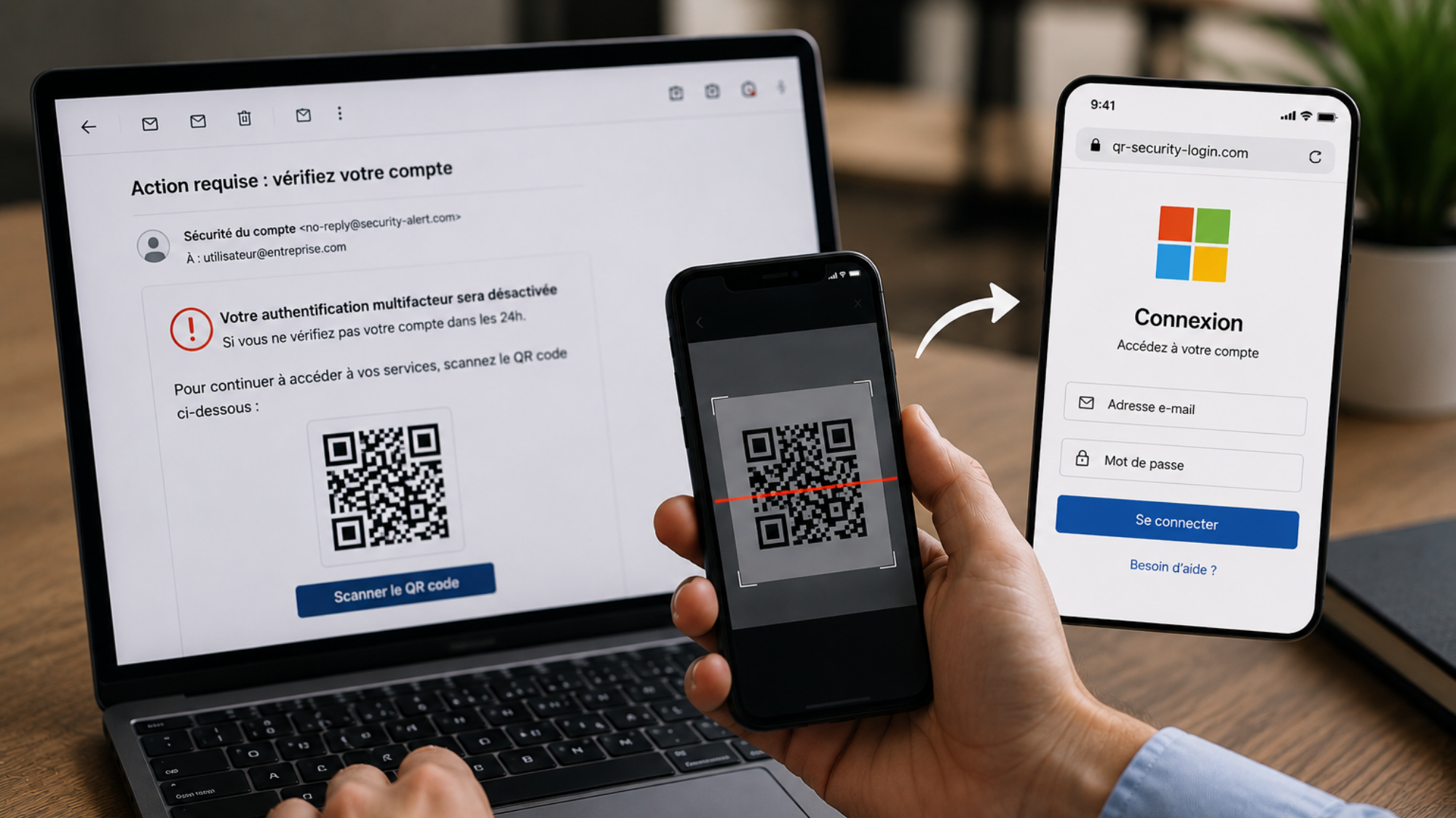 Smartphone scannant un QR code reçu dans un e-mail de phishing.