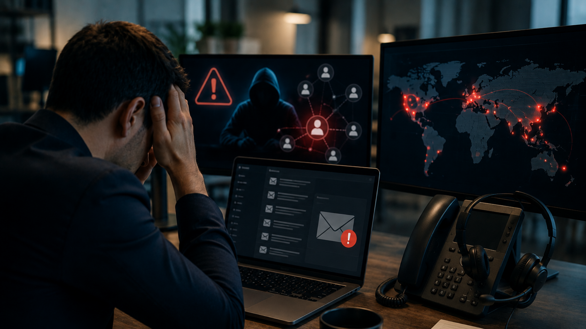Analyste informatique face à une cyberattaque affichée sur plusieurs écrans.