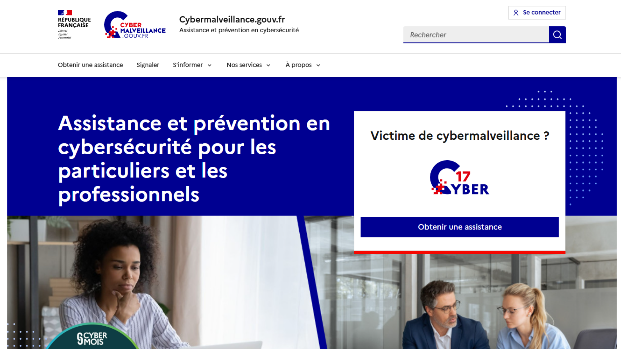 Capture d'écran de la plateforme Cybermalveillance.gouv.fr dédiée à l'assistance en cybersécurité.