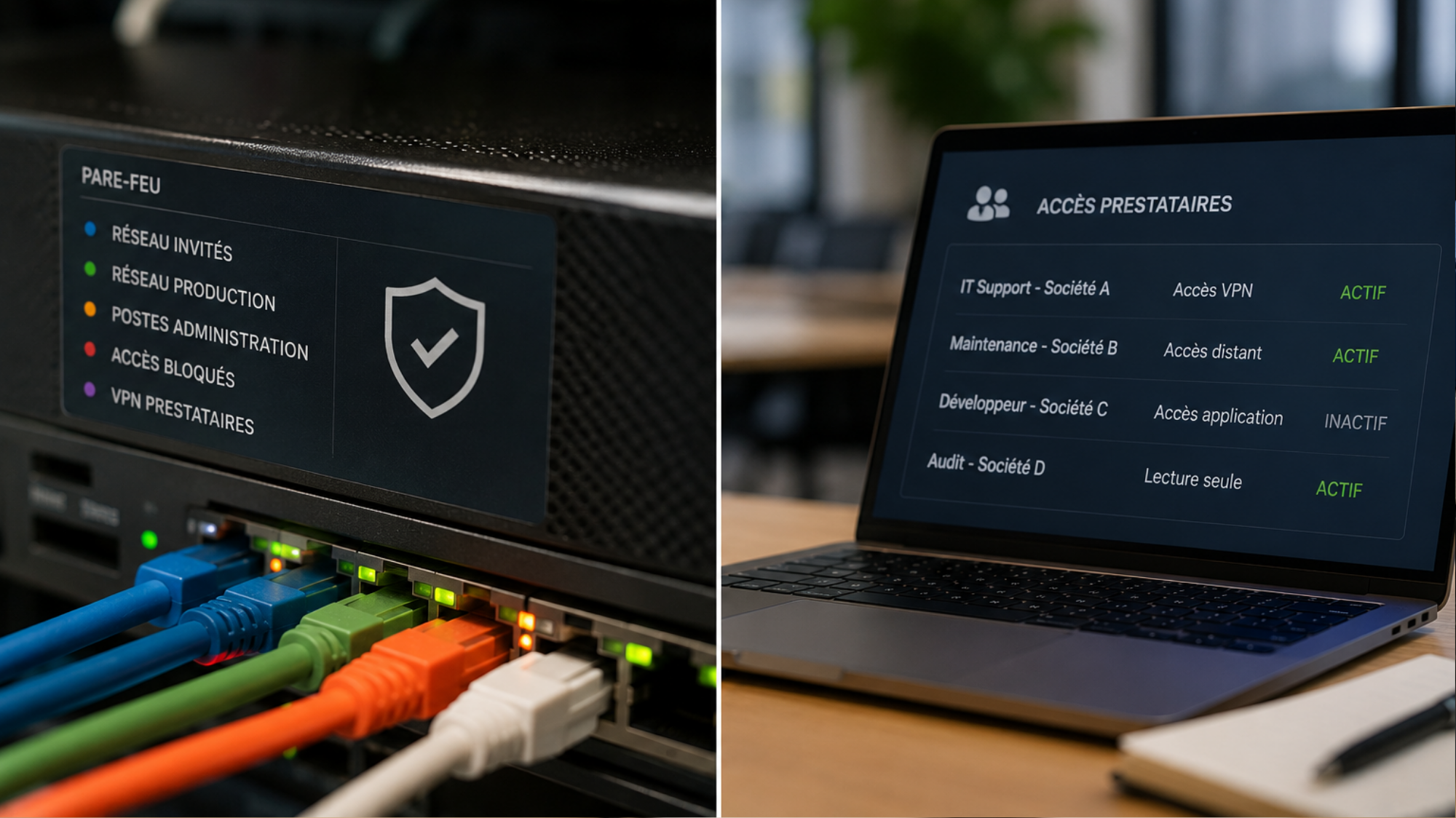 Pare-feu réseau avec câbles Ethernet connecté à un ordinateur affichant la gestion des accès des prestataires informatiques.