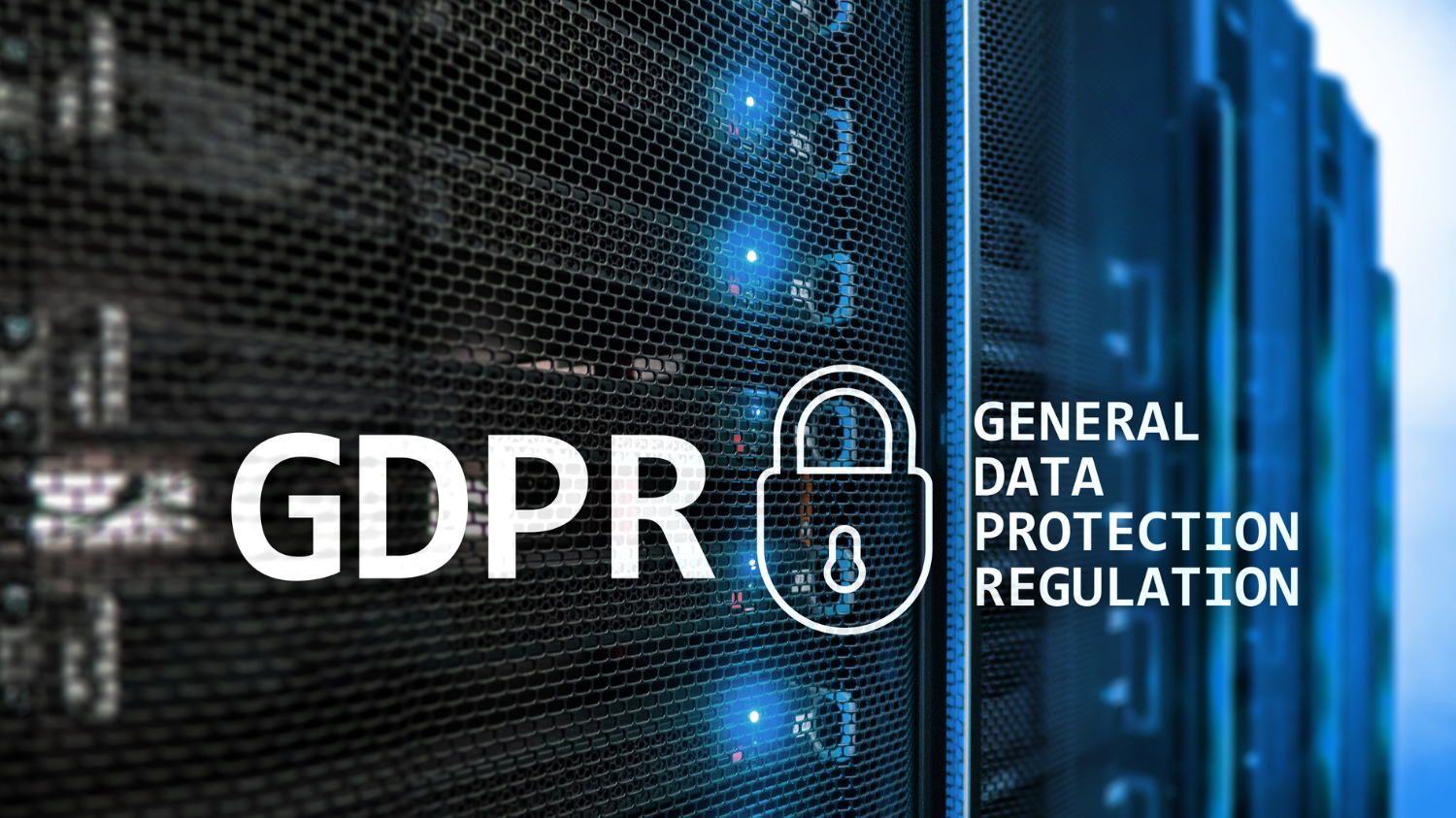 Baies de serveurs avec une illustration du RGPD et de la protection des données.