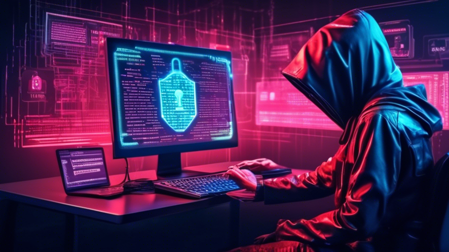 Cybercriminel encapuchonné devant un écran illustrant une attaque informatique de type ransomware.